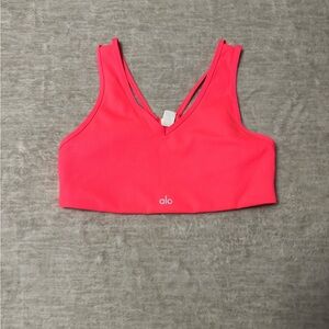 ALO Yoga Ribbed V-Neck Sports Bra in Fluorescent Pink Coral